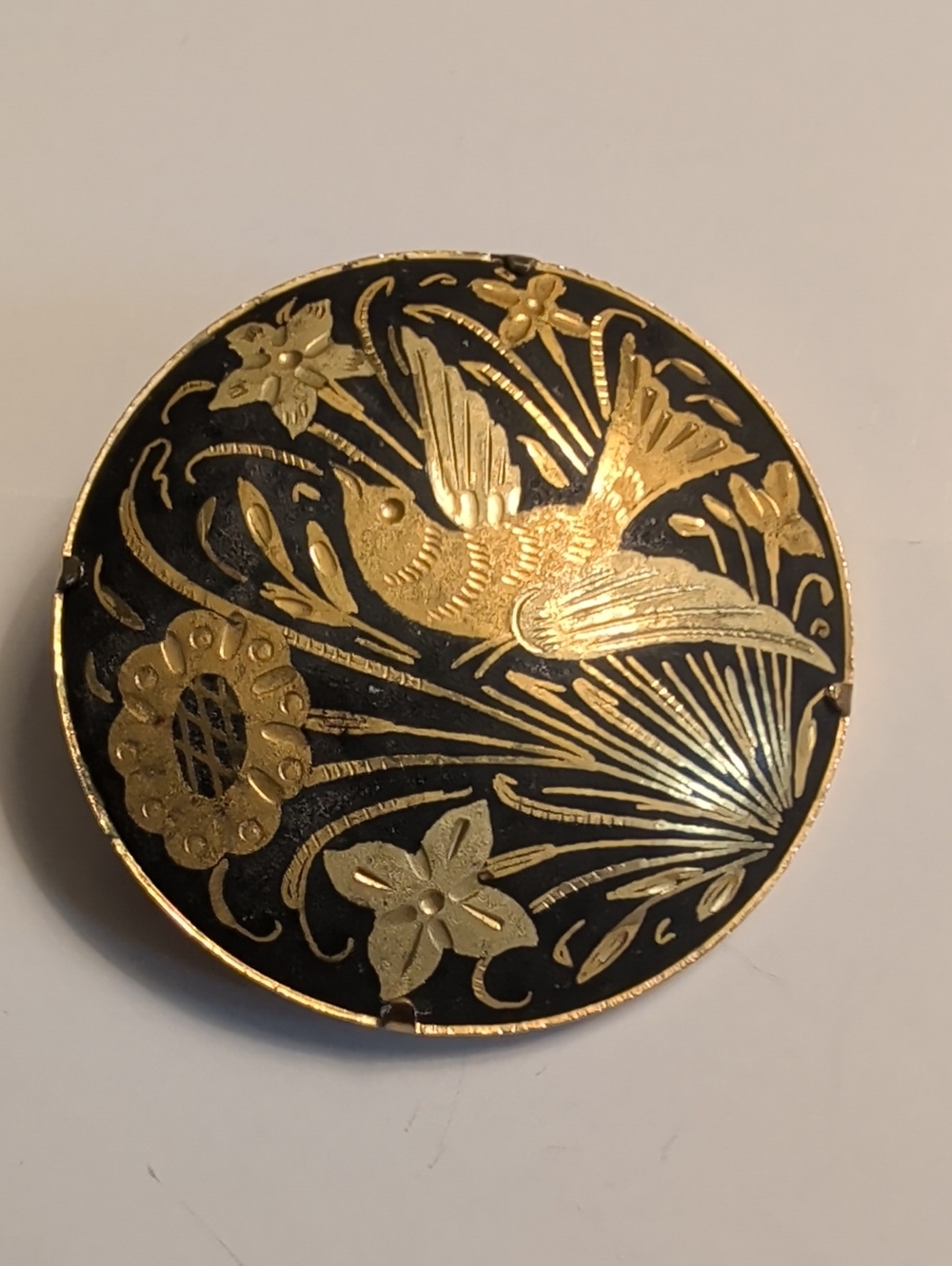 Damascene Brooch Pin black gold birds floral trombone clasp 1.5" round rare